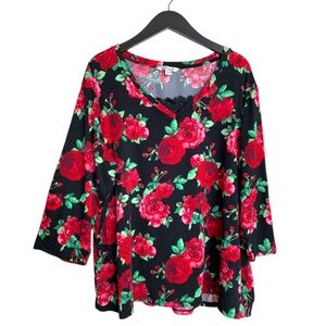 Pioneer Woman Blouse Size XXXL (3XL) Black Floral Top Flowers Roses Gardencore